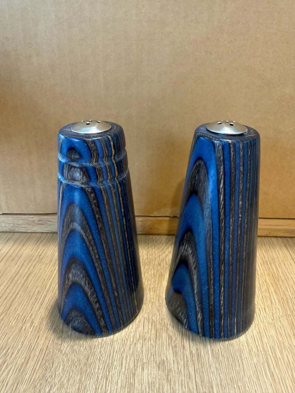 Vintage Mid-Century Modern Blue and Gray Laminated Wood Salt and Pepper Shakers